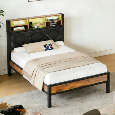 Twin Size Bed Frame with Charging Station and LED Lights, Platform Bed with Storage Headboard, Storage Bed
