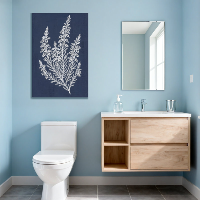 Plantes et fleurs, motif floral blanc sur fond bleu marine, H 48 po x l 32 po