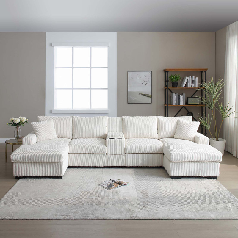 U Shaped Cloud Couch Sectional Sofa with Console,Cup Holder, Beige Corduroy
