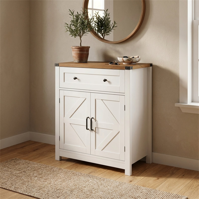 White & Wood-Grain Farmhouse Barn-Door Storage Cabinet，Coffee Bar Sideboard with Drawer for Kitchen & Living Room, White/Oak