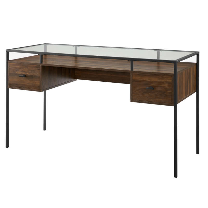Wingfield 56" 2-Drawer Glass-Top Writing Desk, Dark Walnut/Black