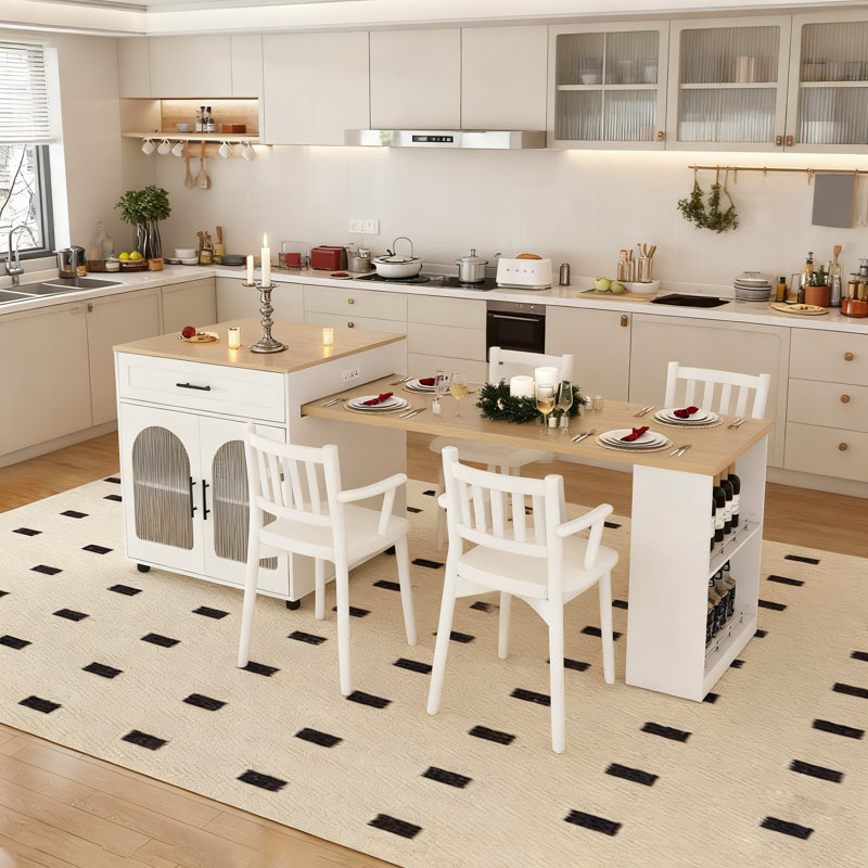 Îlot de cuisine extensible de 80 pouces avec prises de courant intégrées pour la table à manger, avec armoires et chariot de rangement mobile à 2 tiroirs