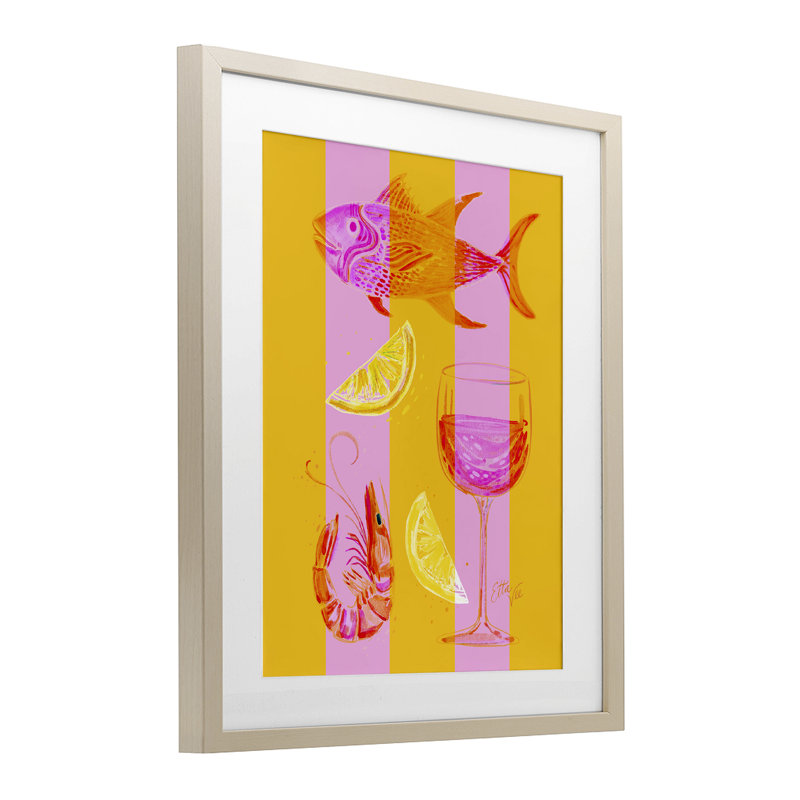 Été, fruits de mer sur rayures, reproduction sous verre, conception par EttaVee, Cadre de récolte en pin, H 16 po x l 13 po