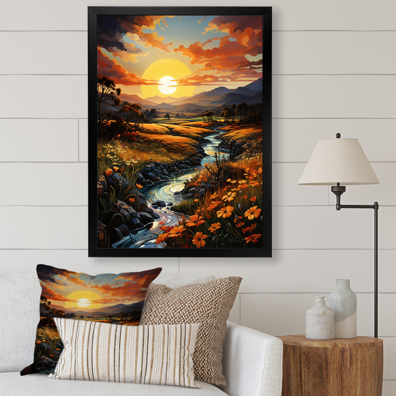 «Meadow Stream at Sunrise» - reproduction, H 20 po x l 12 po x P 1 po, Cadre simple noir