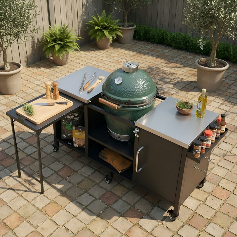 Grande table de barbecue de 72,4 pouces avec structure en métal compatible avec plusieurs barbecues, comprenant une table de préparation pliante et des tablettes réglables.