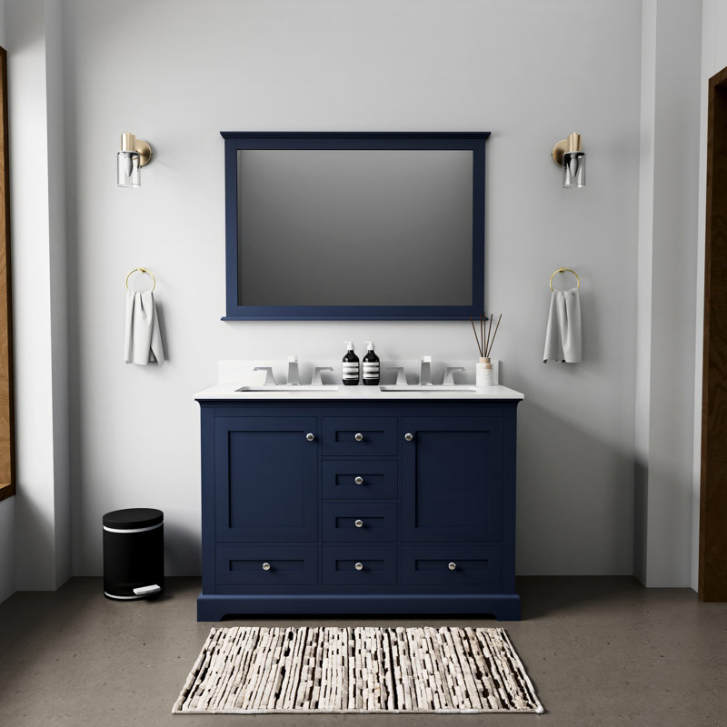 Bleu marine 48 po W Double meuble-lavabo avec surface en quartz blanc, miroir 46 po, système de tiroirs à fermeture douce, et grande capacité de rangement bleu, l, meuble-lavabo, plateau, solution