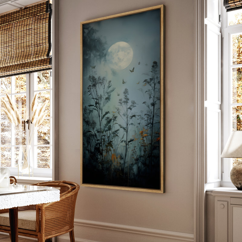«Moonlit Garden with Fireflies and Blossoms» - Reproduction d'art encadrée sur toile encadrée, H 60 po x l 30 po x P 1,5 po