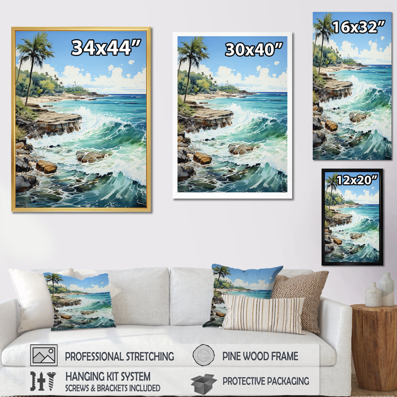 «Azure Seascape Palms Horizon III», reproduction sur toile, Encadrement argenté, H 40 po x l 30 po x P 1,5 po