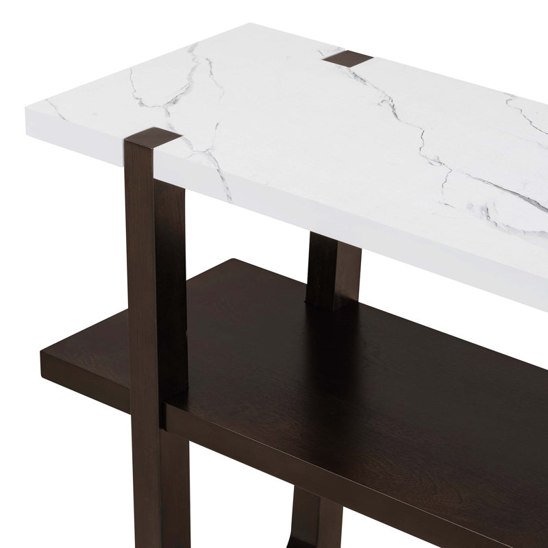 Espresso Wood Console Table with Marble-Effect Top and Storage Shelf
