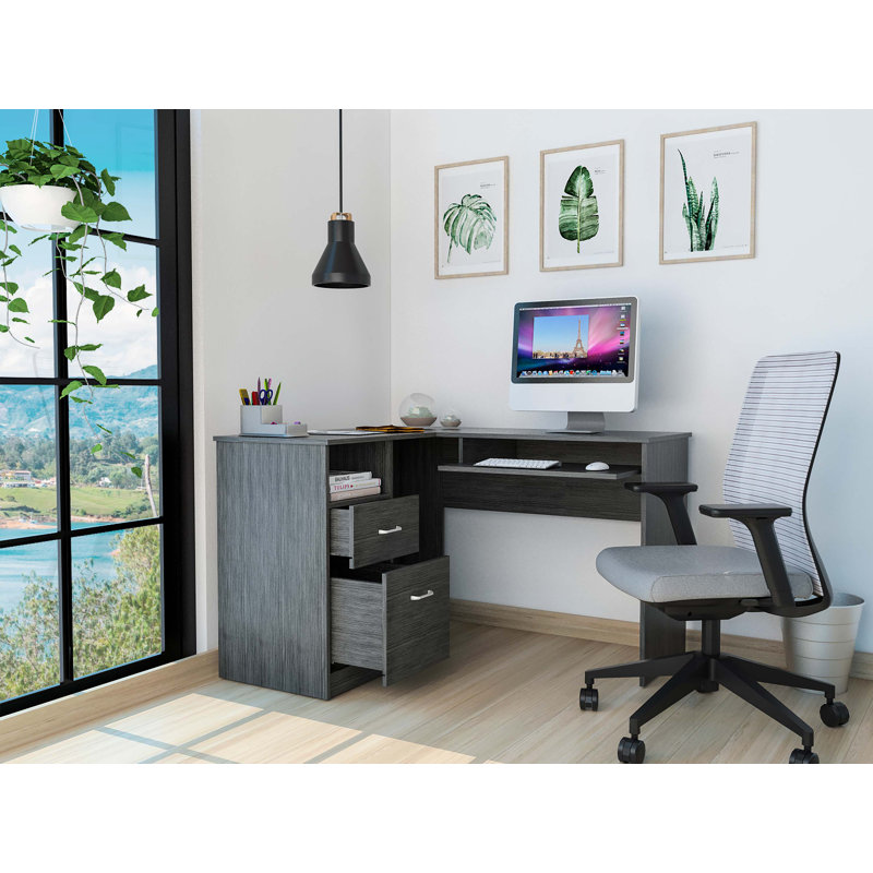 2-Drawer 1-Shelf L-Shaped Computer Desk, Gray