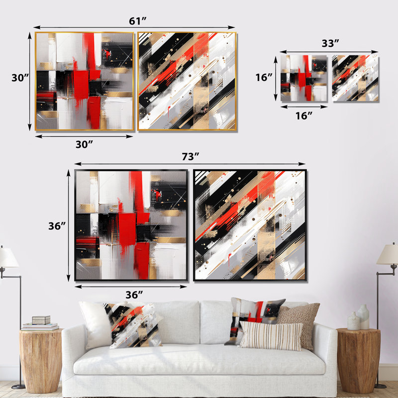 Rayures roses et noires audacieuses - ensemble de 2 collages abstraits carrés, H 16 po x l 33 po, Toile tendue