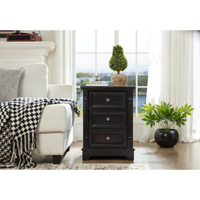Farmhouse Style 3 Drawer Sofa Side Table With Charging Pedestal, Tall Rustic Wood Square Nightstand With Wooden Base And Roman Posts Rustic Chest Of Drawers For Living Room, Bedroom, Office