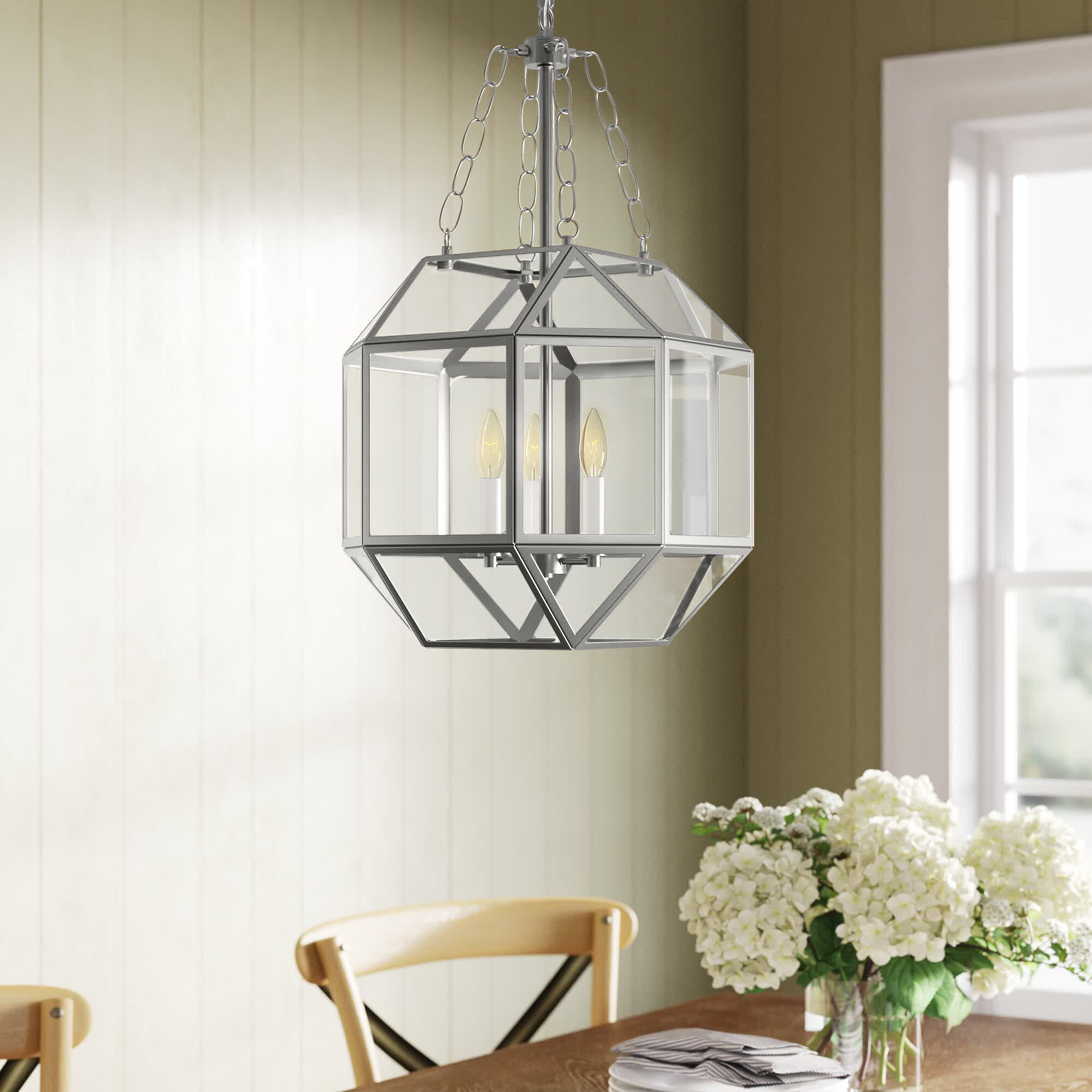 Reid 3 Light Glass Dimmable Pendant, Satin Brass, Clear, 23.25" H x 13.5" W x 13.5" D