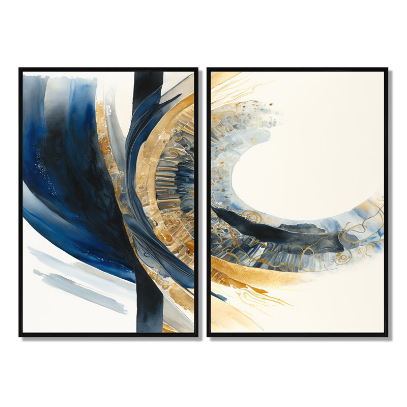 «Blue and Gold Swirl Abstract IV - Abstract Spirals», art mural, H 36 po x l 48 po, Impression encadrée flottante, Noir