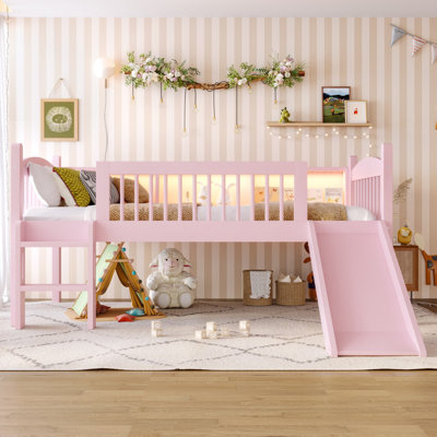 Lit mezzanine bas, lit mezzanine en bois avec lumière DEL, glissade et garde-corps complet, lit mezzanine pour enfants en bois massif avec escalier et tablettes de rangement, lit coulissant en bois pour salle de jeux pour enfants, aucun sommier nécessaire