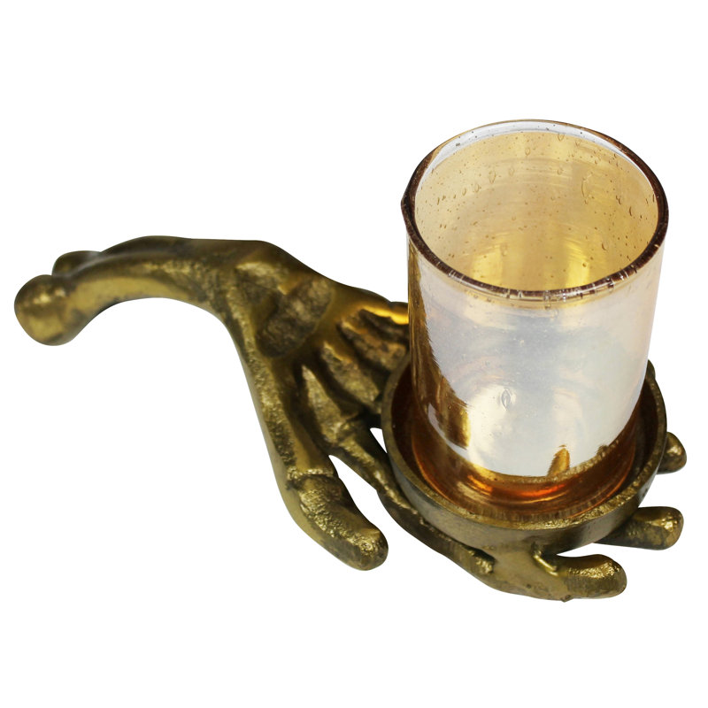 Skeleton Hand With Glass Votive, Brass