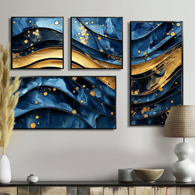 Hard Edge Blue And Optical Play Spiral II - Abstract Wall Art 4 Pieces