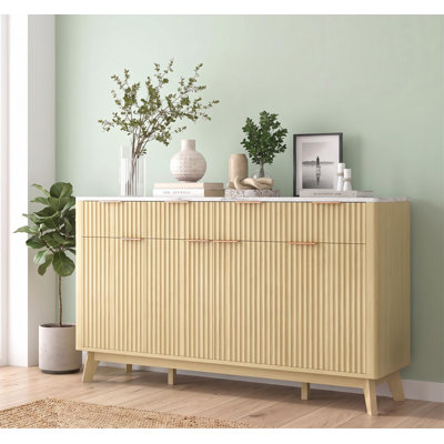 Buffet cannelé de 152 cm (60 po) avec 3 tiroirs et 4 portes, meuble de rangement de style campagnard moderne avec étagères réglables, console en bois pour coin café, cuisine ou salle à manger