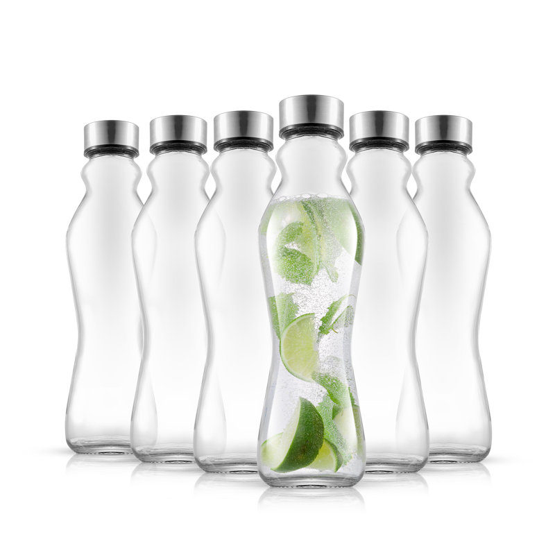 Spring Clear Glass Water Bottles with Stainless Steel Caps - Set of 6