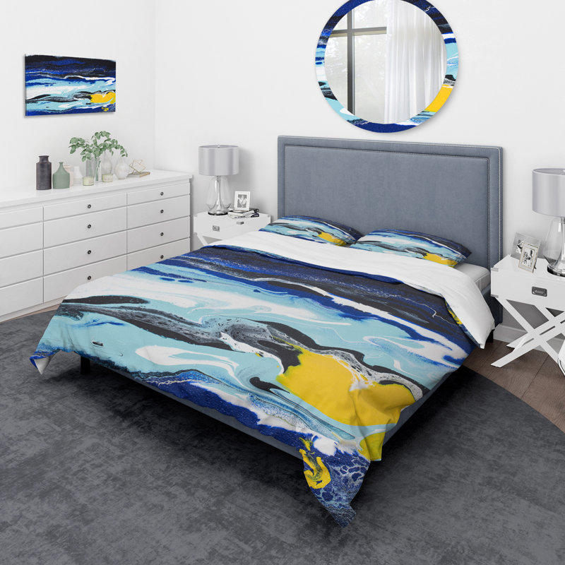 Composition abstraite en jaune et bleu - ensemble de housse de couette moderne en microfibre de polyester