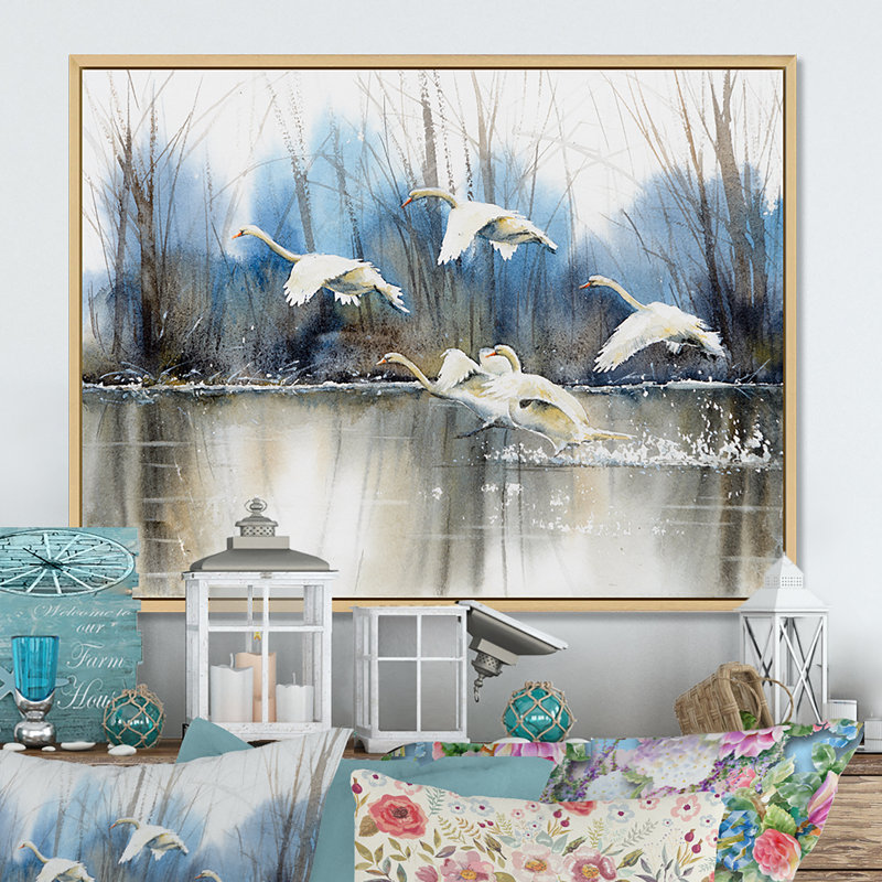 White Swans Flying - reproduction de cadre photo sur toile, H 30 po x l 40 po x P 1,5 po, Cadre naturel flottant