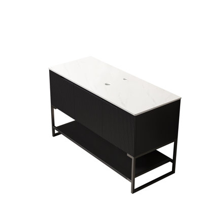 Comptoir autoportant en pierre frittée blanche Carrara 48 po avec 3 portes et tablette ouverte, sans bassin, sans couvercle de robinet et d'évier, couleur noire