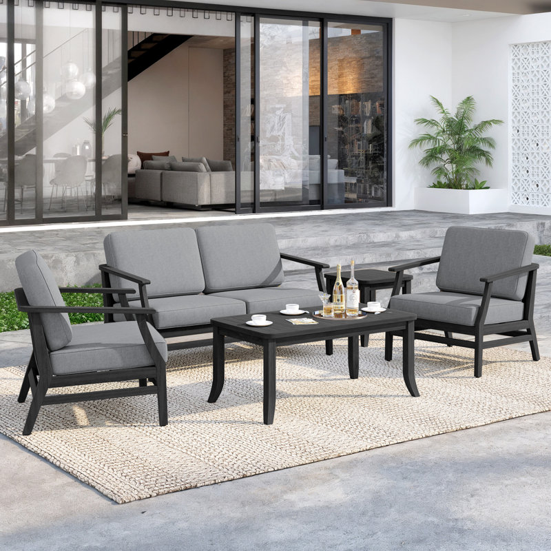 Clinkscales Teak Outdoor Four-person Patio Set with Cushions and Two Tables, Gray, Black