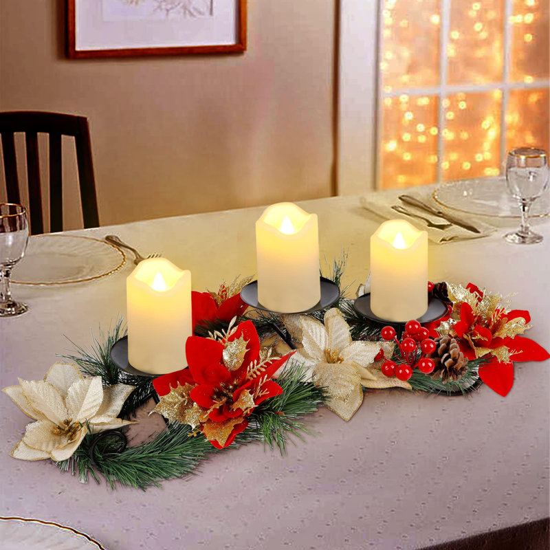 Christmas Poinsettia Candelabrum Centerpiece With Flameless Candles