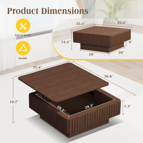 Latitude Run® Fluted Lift Top Coffee Table With Charging Station, Mid ...