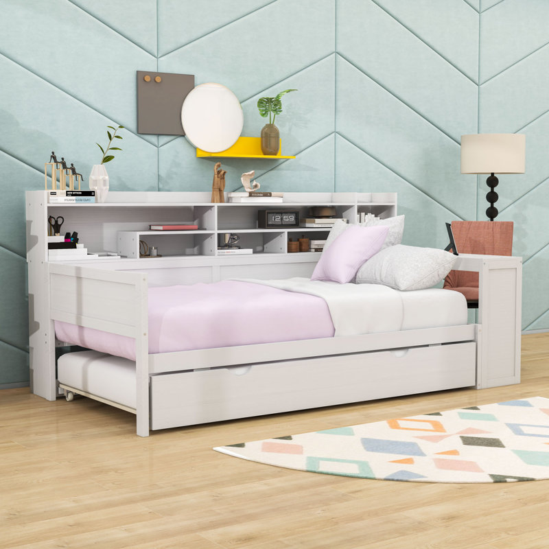 Lit de jour en bois avec tablettes, lit gigogne et bureau, Lit simple, Blanc antique