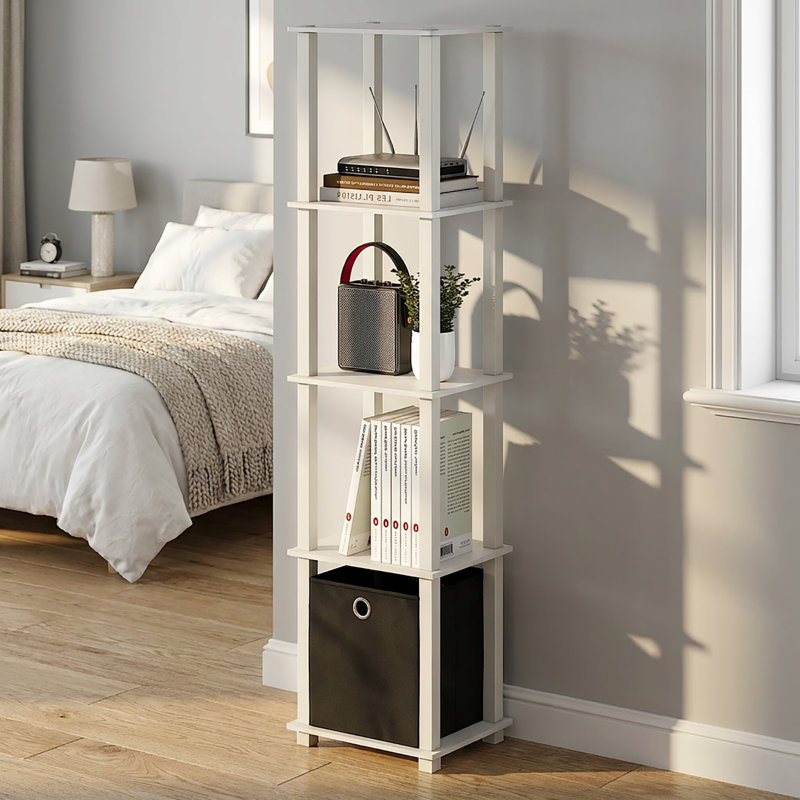Tarris Book Shelf, 5-Tier Square Open Frame Display Shelf, Corner Storage Shelves with Storage Bin, Shelving Unit, for Organization, Living Room, Garage, Home Office, Amber Pine