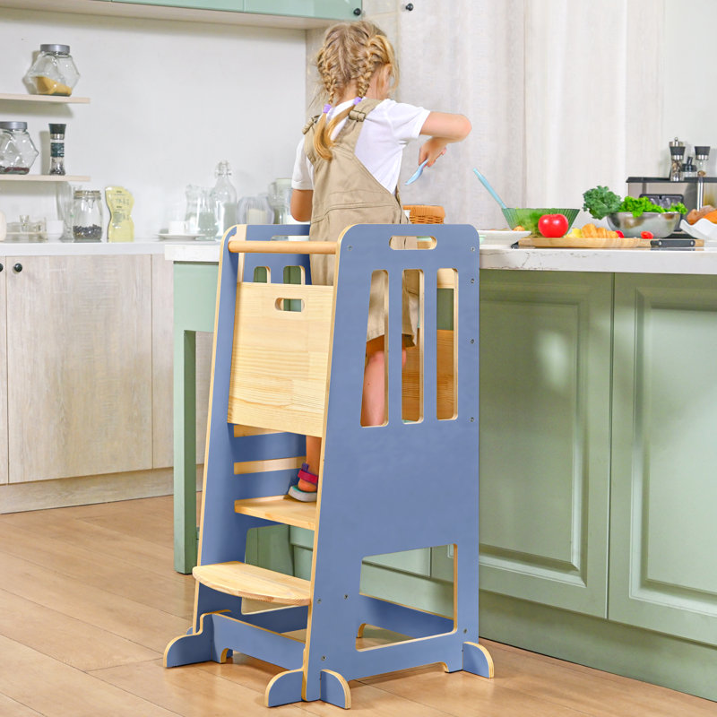 Kitchen stool helper adjustable height child standing learning tower wooden kids step stools for bathroom, Bleu
