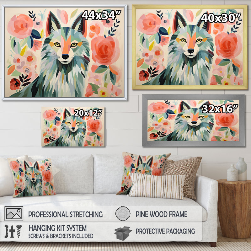 Rose et vert Boho Portrait de loup III - loup, art mural, Cadre doré à coins fermés, H 16 po x l 32 po x P 1 po