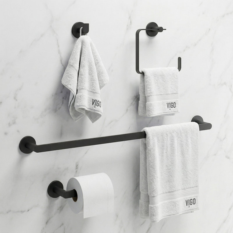 VIGO Arden 4-Piece Matte Black Bathroom Hardware Set with 24-in Towel Bar, Toilet Paper Holder, Hand Towel Holder and Hook