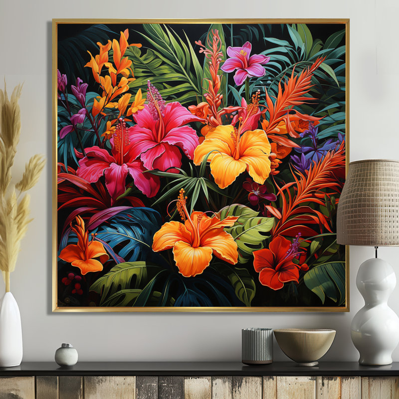 «Colorful Jungle Plants Dream» - art mural jungle, Cadre photo noir, H 30 po x l 30 po