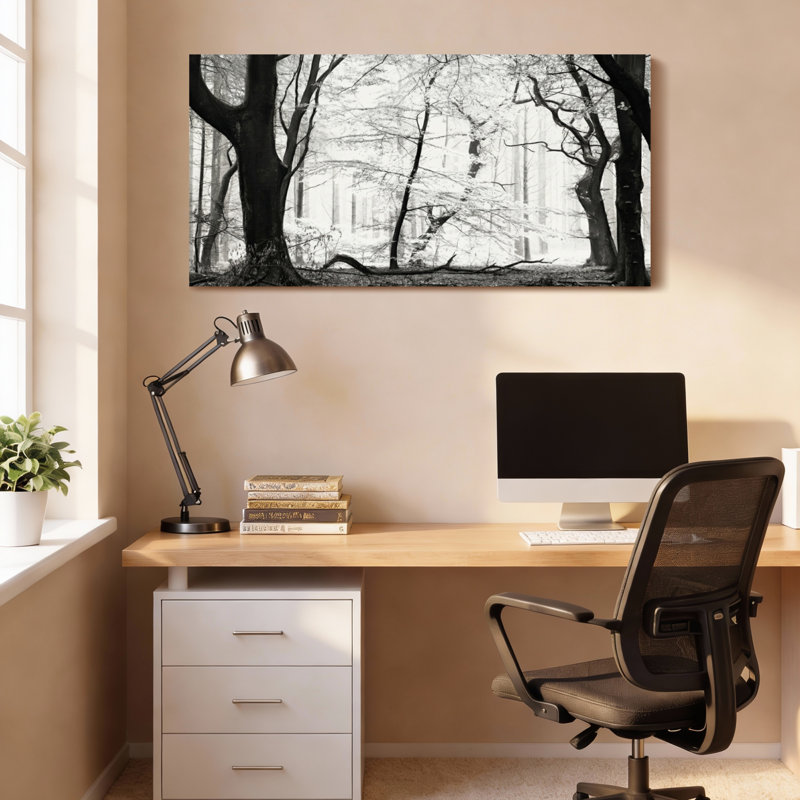 Black And White Forest Trees Canvas Wrapped Wall Art Oil Painting Print Set Of 1, 16" H x 32" W
