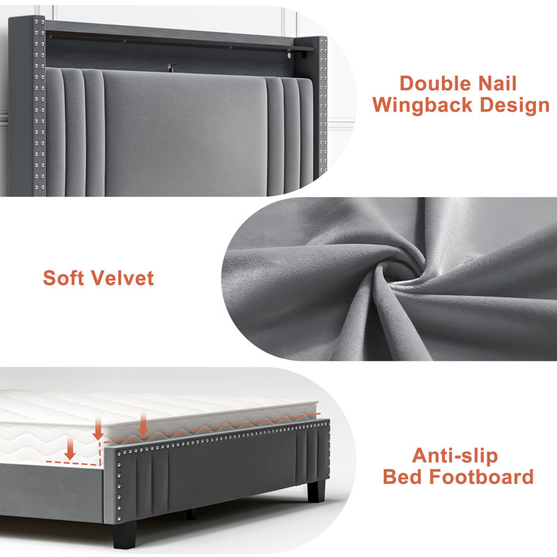 Hudepohl Upholstered Wingback Bed with 52.12" High Storage Headboard, Modern Upholstered Bed Frame with Outlet & LED Light