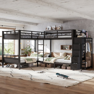 Lit superposé simple en métal avec tiroirs de rangement, 4 cadres de lit simple avec garde-robe intégrée et tablettes ouvertes, lit en métal avec tiroirs en tissu non tissé, noir