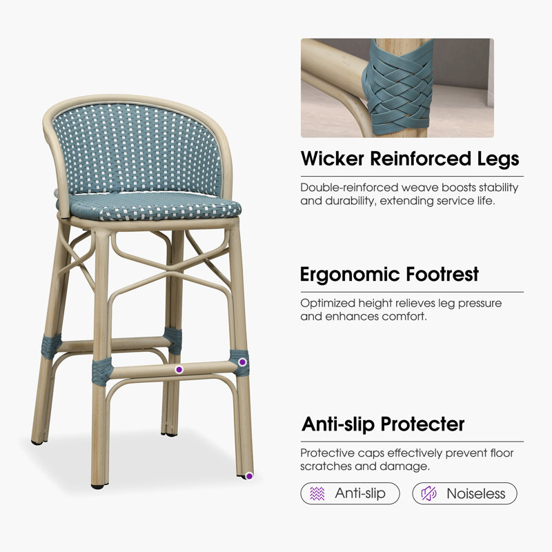 Tabouret de bar en PE en rotin avec accoudoirs ergonomiques PURPLE LEAF, Bleu clair