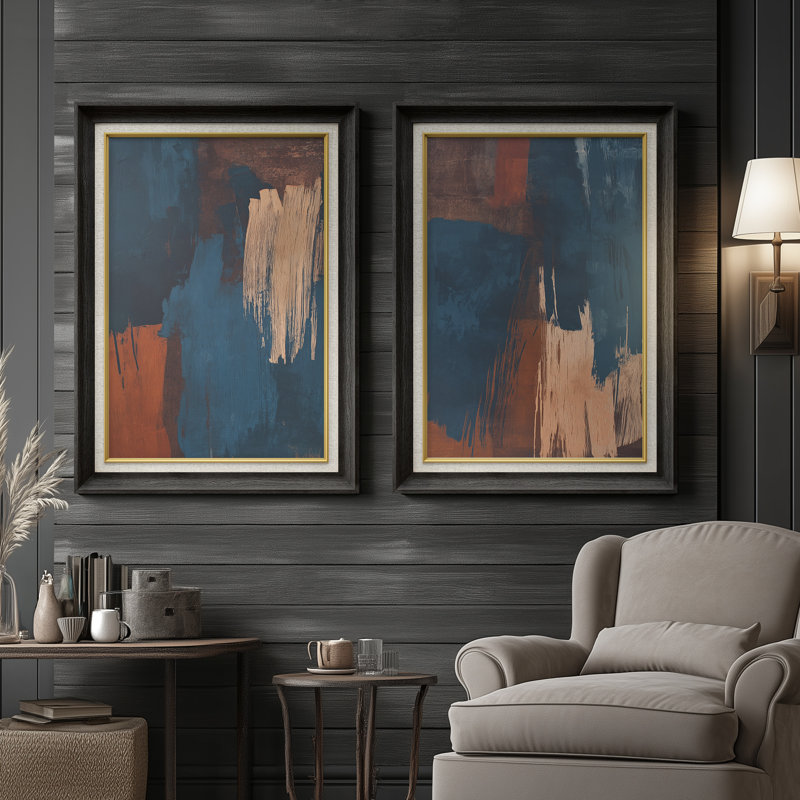 «Deep Blue Rust» abstraite audacieuse moderne - ensemble de 2 reproductions d'art encadrées de qualité supérieure sur papier 26 po x 36 po