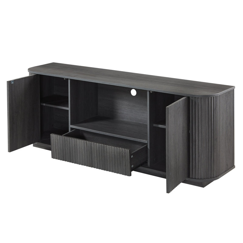 Rounded Sideboard With Vertical Wood Stripe For Living Room, Black