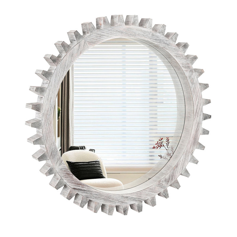 26'' X Heavy Gear Decorative Mirror For Living Room, Bathroom, Entry - Vintage Style Antique White Washed Round Home Room