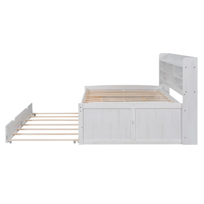 Wooden Captain Bed with Built-in Bookshelves,Three Storage Drawers and Trundle,Antique