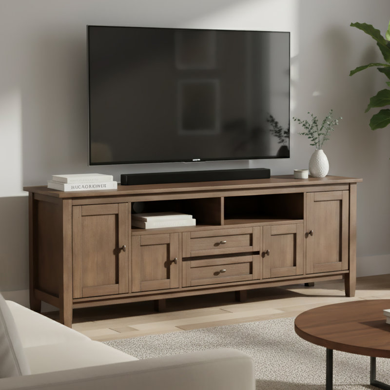 Warm Shaker 72"W Solid Wood Transitional TV Stand for TVs up to 80" with 4 Cabinets, 1 Drawer, and Flip-Down Compartment