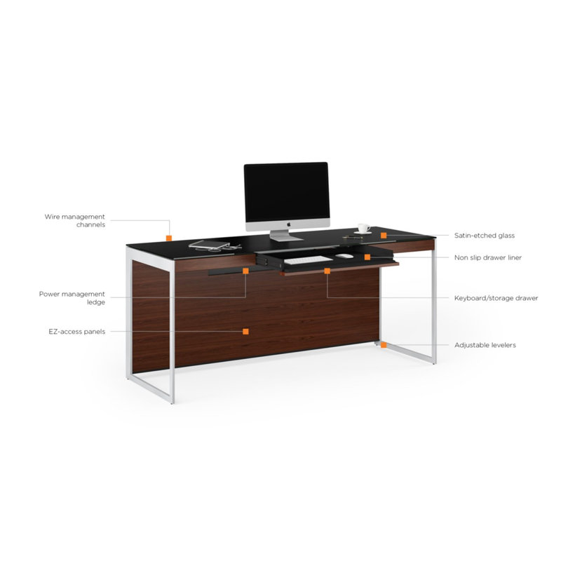 Sequel 20 Glass Writing Desk, Chocolate Stained Walnut/Satin Nickel, 24.75" H x 48" W x 24" D