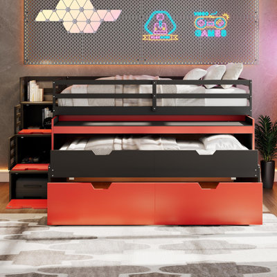 Lit mezzanine simple TG avec bureau coulissant et lit gigogne simple, lit superposé multifonctionnel avec 2 tiroirs de rangement et marches de rangement, cadre de jeu et de poste de travail peu encombrant, noir et rouge