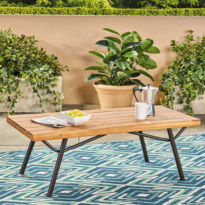 Table basse en bois de conception moderne avec pieds en fer, finition 50 po x 23,5 po x 17,52 po pour patio et cour arrière spacieuse 50 po x 23,5 po x 17,52 po