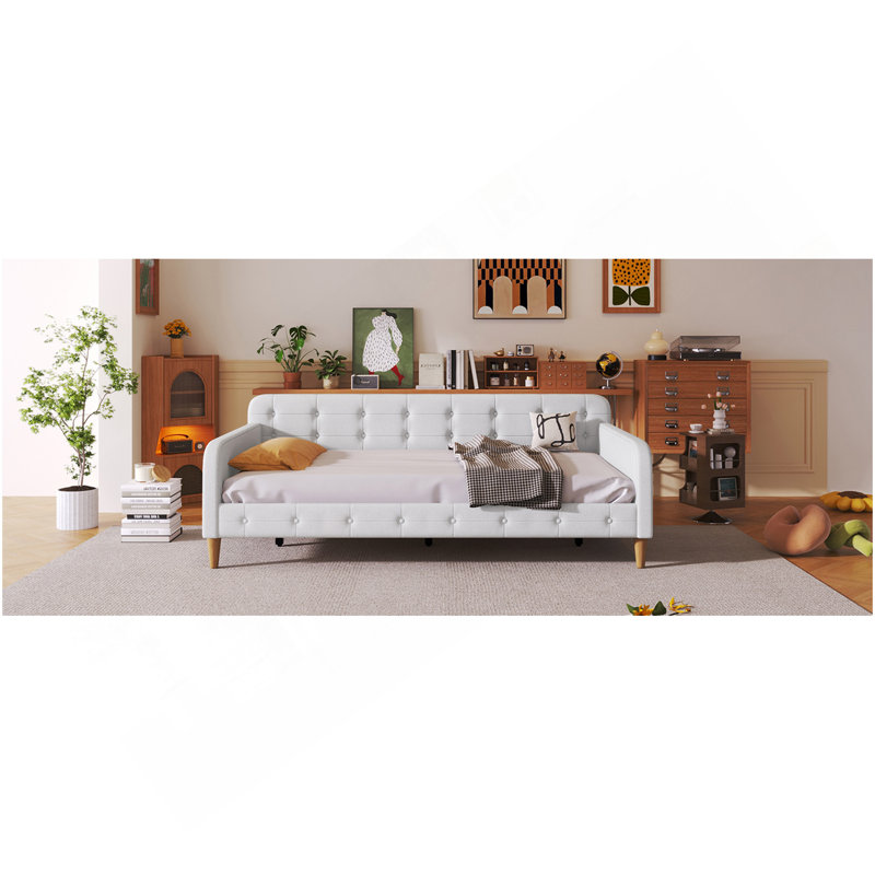 Lit de jour simple rembourré avec 4 pieds de soutien, beige, Beige