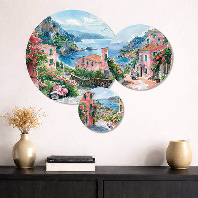 Ensemble de décoration murale 3 pièces Pink Coastal village Italy I - Italie