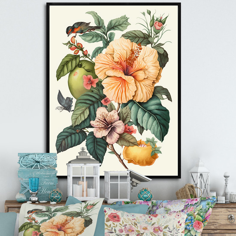 «Blossiming Yellow Retro Hibiscus IV - Floral Hibiscus, art mural sur toile, H 20 po x l 12 po x P 1 po, Cadre flottant noir
